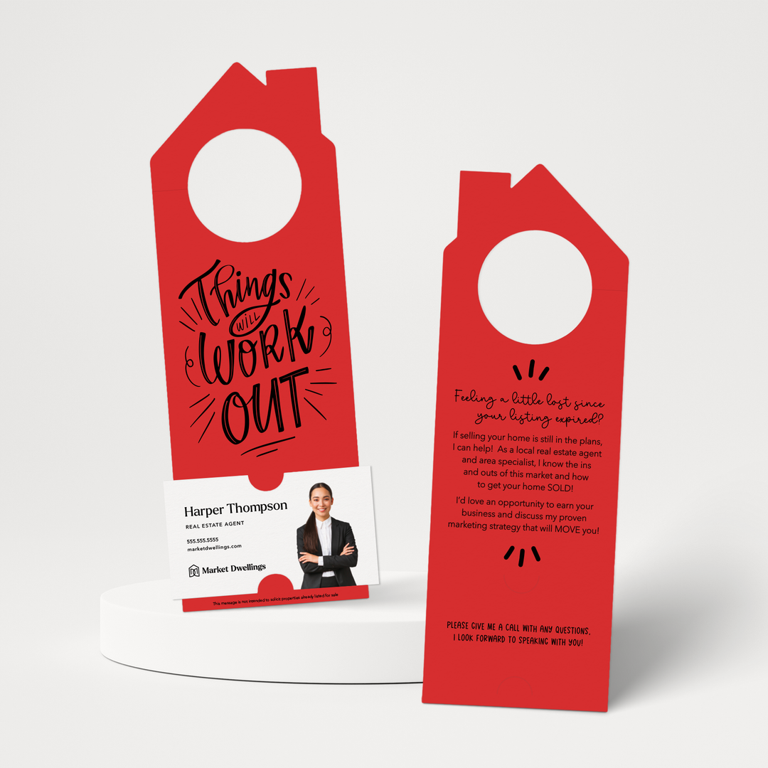 Things Will Work Out Real Estate Expired Listing | Double Sided Door Hangers | 35-DH002 Door Hanger Market Dwellings SCARLET  