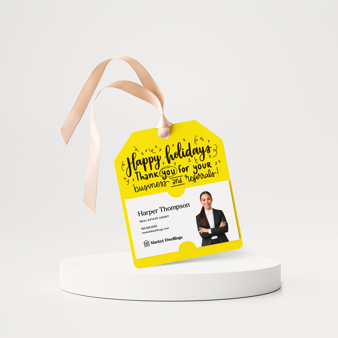 Happy holidays Thank you for your Business and Referrals Gift Tags | Happy Holidays | Pop By Gift Tags | 88-GT001 Gift Tag Market Dwellings LEMON  