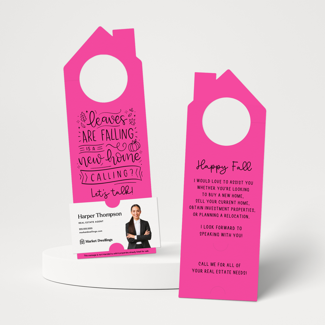 Leaves are Falling is a New Home Calling? | Real Estate Door Hangers | 52-DH002 Door Hanger Market Dwellings RAZZLE BERRY  