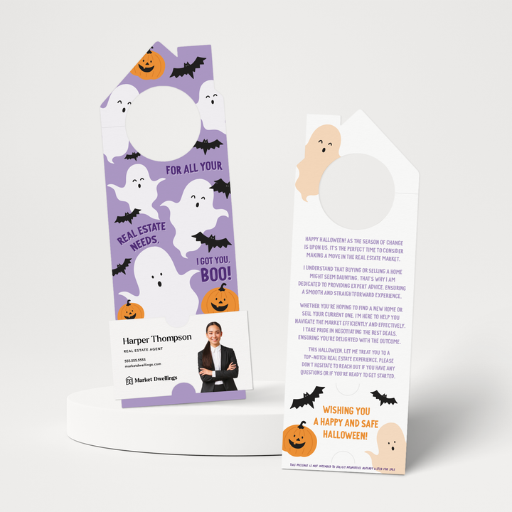 For all your real estate needs, I got you, BOO! | Halloween Door Hangers | 300-DH002-AB Door Hanger Market Dwellings PURPLE  