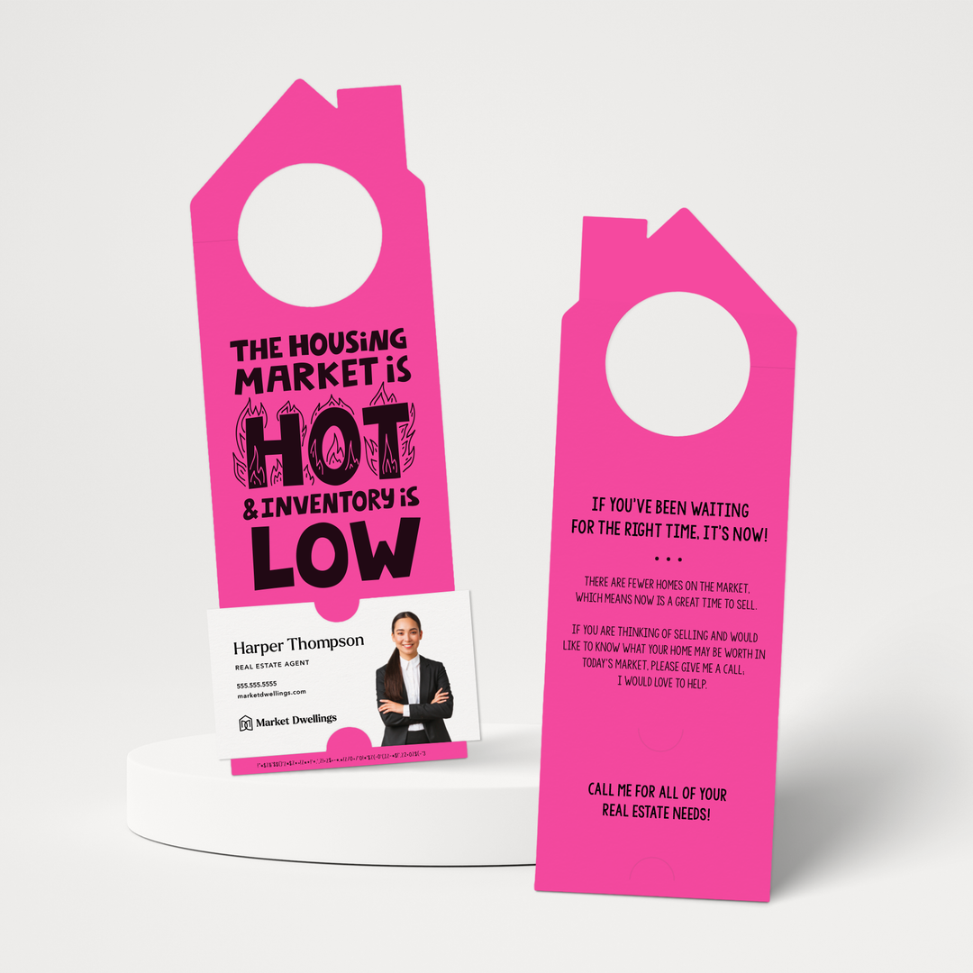 "The Housing Market is HOT and Inventory is LOW" | Double Sided Real Estate Door Hanger | 58-DH002 Door Hanger Market Dwellings RAZZLE BERRY  