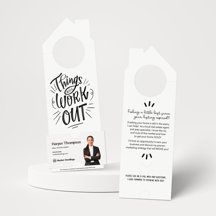 Things Will Work Out Real Estate Expired Listing | Double Sided Door Hangers | 35-DH002 Door Hanger Market Dwellings WHITE  