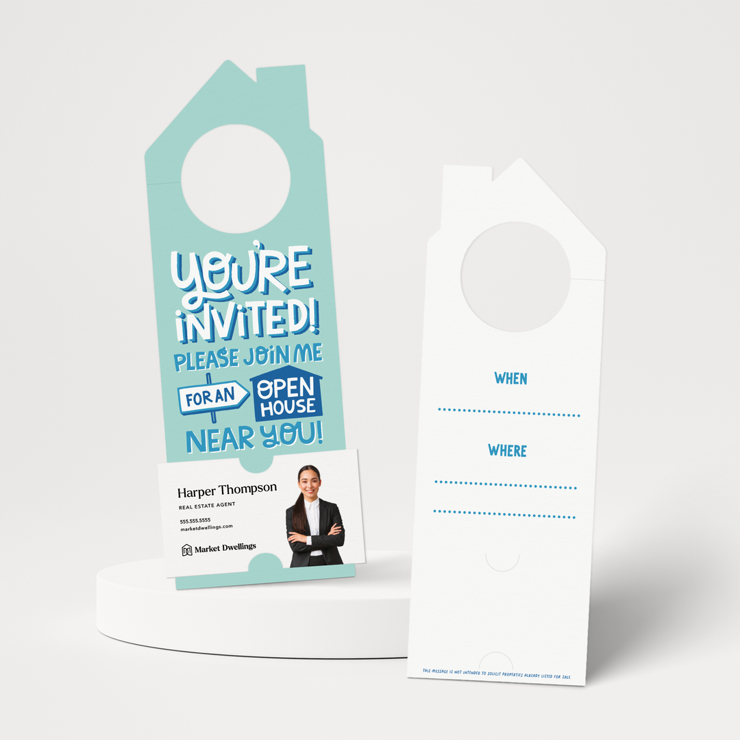 You're Invited to an Open House Near You | Real Estate Door Hangers | 188-DH002-AB Door Hanger Market Dwellings SEAFOAM  