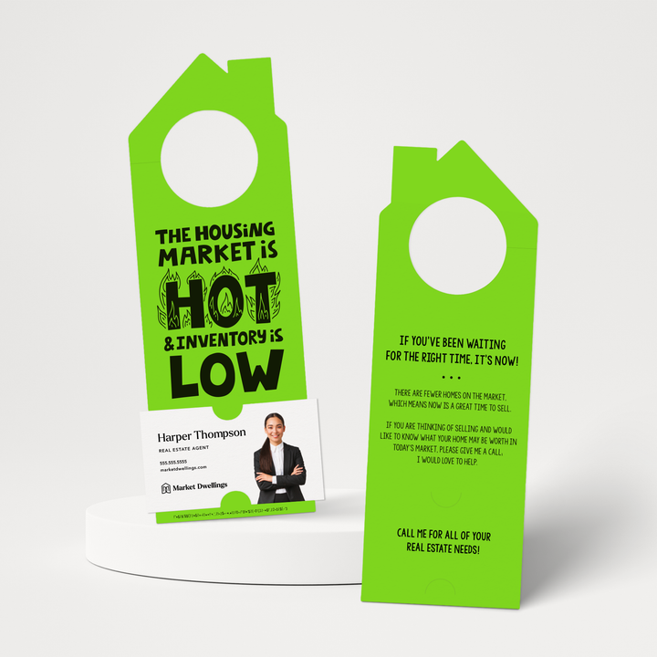 "The Housing Market is HOT and Inventory is LOW" | Double Sided Real Estate Door Hanger | 58-DH002 Door Hanger Market Dwellings GREEN APPLE  