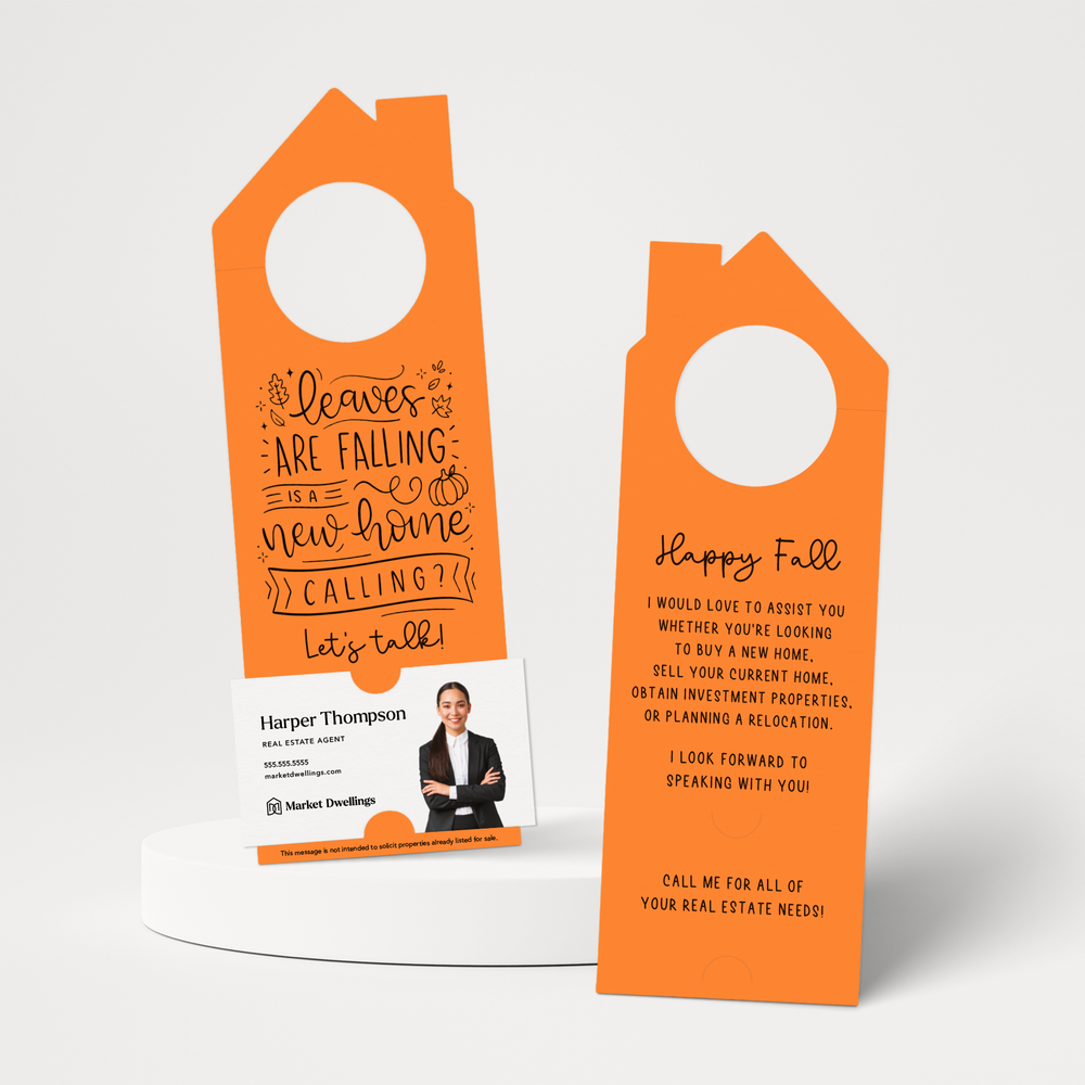 Leaves are Falling is a New Home Calling? | Real Estate Door Hangers | 52-DH002 Door Hanger Market Dwellings CARROT  