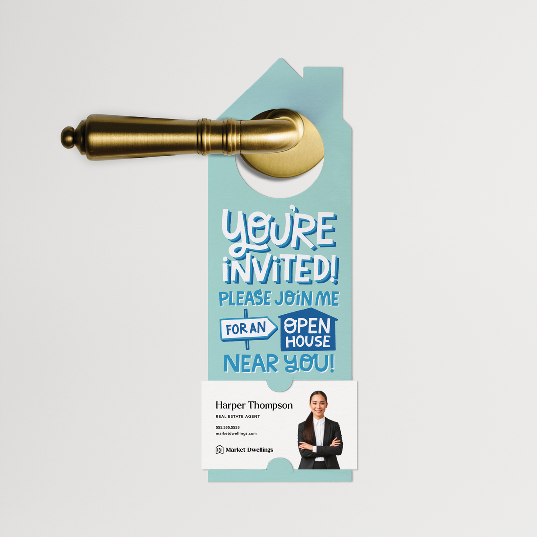 You're Invited to an Open House Near You | Real Estate Door Hangers | 188-DH002-AB Door Hanger Market Dwellings   