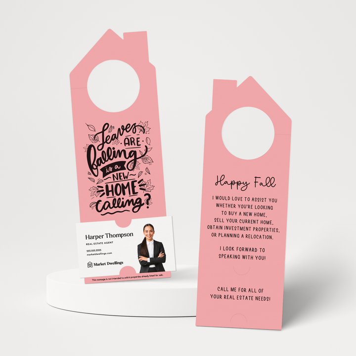 Leaves are Falling is a New Home Calling? | Real Estate Door Hangers | 51-DH002 Door Hanger Market Dwellings LIGHT PINK  