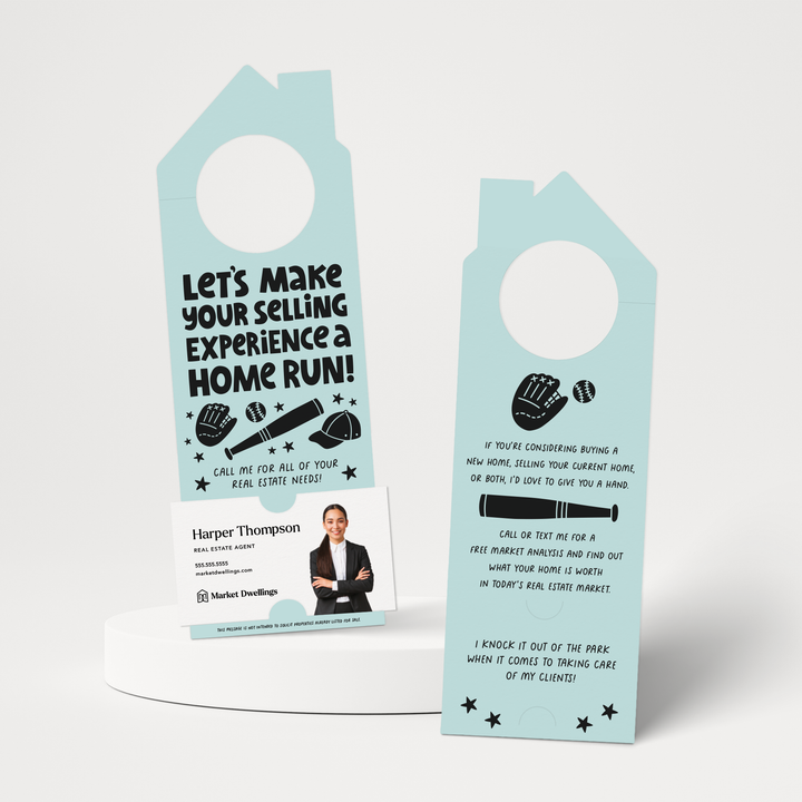 Let's Make Your Selling Experience a Home Run! Real Estate Door Hangers | 80-DH002 Door Hanger Market Dwellings LIGHT BLUE  