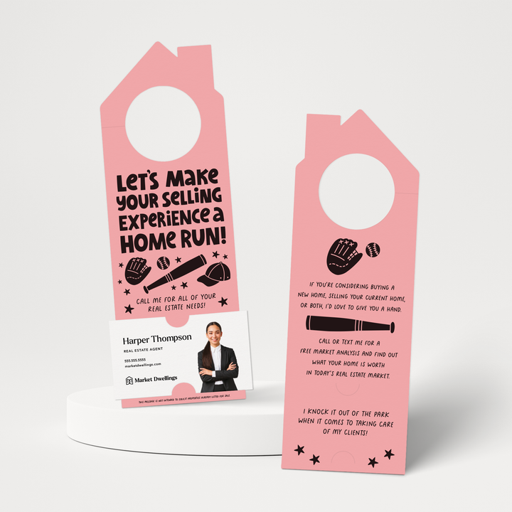 Let's Make Your Selling Experience a Home Run! Real Estate Door Hangers | 80-DH002 Door Hanger Market Dwellings LIGHT PINK  