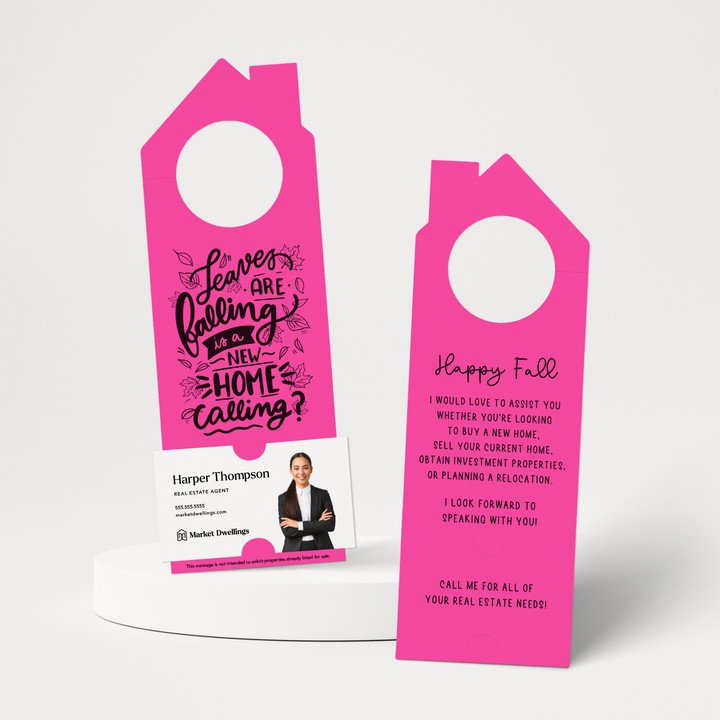 Leaves are Falling is a New Home Calling? | Real Estate Door Hangers | 51-DH002 Door Hanger Market Dwellings RAZZLE BERRY  