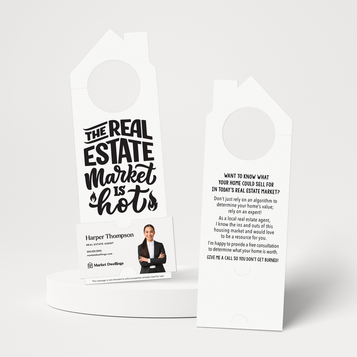 The Real Estate Market is Hot | Real Estate Agent Double Sided Door Hangers | 27-DH002 Door Hanger Market Dwellings WHITE  