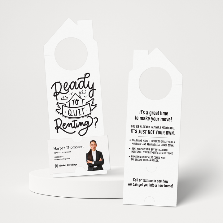 Ready to Quit Renting? | Double-Sided Real Estate Door Hangers | 53-DH002 Door Hanger Market Dwellings WHITE  