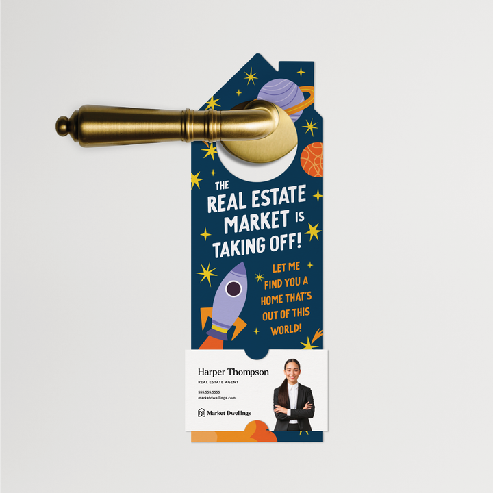 The Real Estate Market Is Taking Off! | Door Hangers | 264-DH002-AB Door Hanger Market Dwellings   