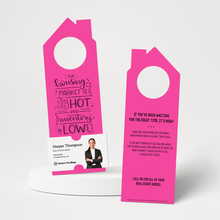 The Housing Market is HOT and Inventory is LOW | Double Sided Real Estate Door Hangers | 62-DH002 Door Hanger Market Dwellings RAZZLE BERRY  