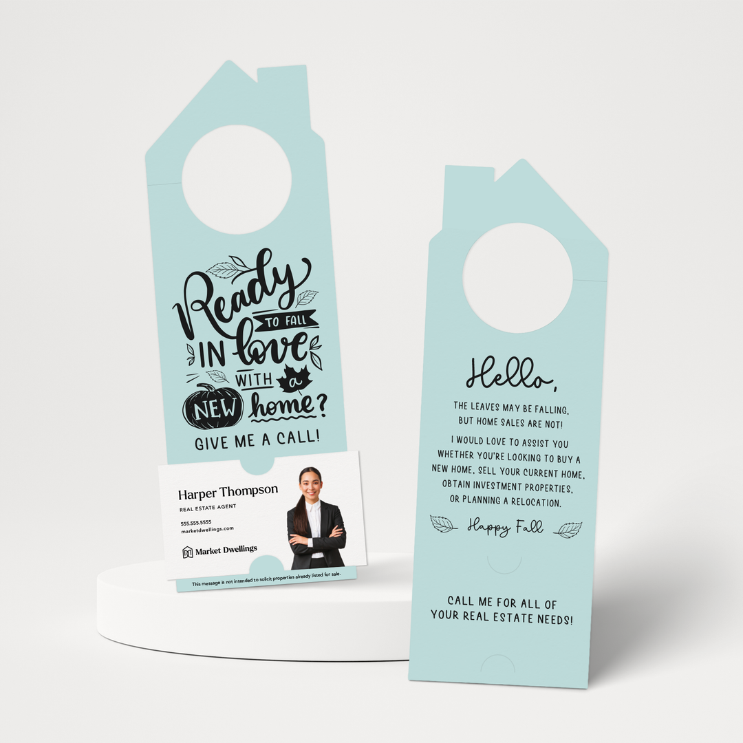 Ready to FALL in Love with a New Home | Real Estate Door Hangers | 50-DH002 Door Hanger Market Dwellings LIGHT BLUE  