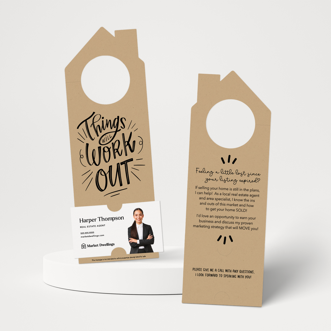 Things Will Work Out Real Estate Expired Listing | Double Sided Door Hangers | 35-DH002 Door Hanger Market Dwellings KRAFT  