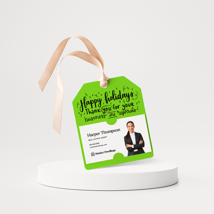 Happy holidays Thank you for your Business and Referrals Gift Tags | Happy Holidays | Pop By Gift Tags | 88-GT001 Gift Tag Market Dwellings GREEN APPLE  