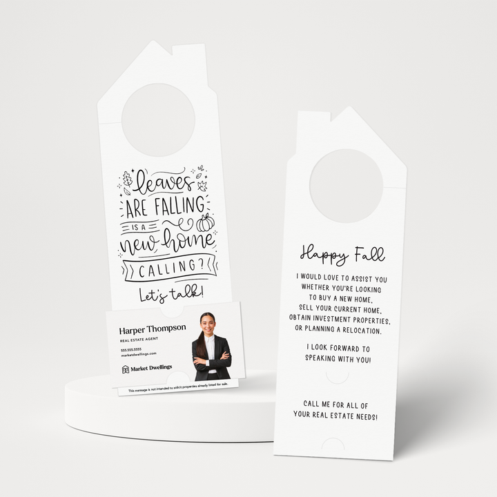 Leaves are Falling is a New Home Calling? | Real Estate Door Hangers | 52-DH002 Door Hanger Market Dwellings WHITE  