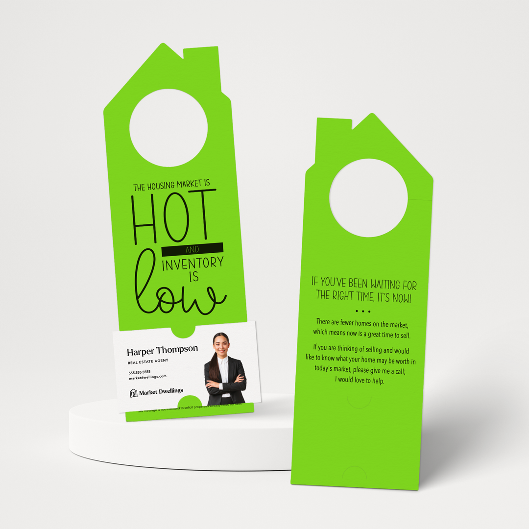 The Housing Market is HOT and Inventory is LOW | Double Sided Real Estate Door Hanger | 23-DH002 Door Hanger Market Dwellings GREEN APPLE  