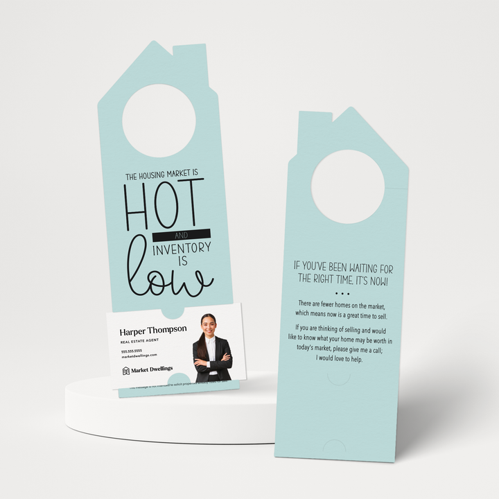 The Housing Market is HOT and Inventory is LOW | Double Sided Real Estate Door Hanger | 23-DH002 Door Hanger Market Dwellings LIGHT BLUE  