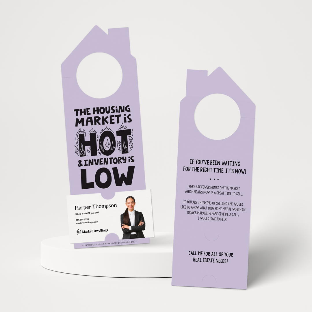 "The Housing Market is HOT and Inventory is LOW" | Double Sided Real Estate Door Hanger | 58-DH002 Door Hanger Market Dwellings LIGHT PURPLE  