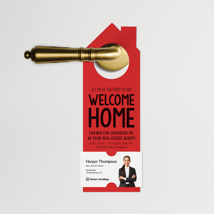 Welcome Home | Real Estate Door Hangers | 14-DH002 Door Hanger Market Dwellings SCARLET  