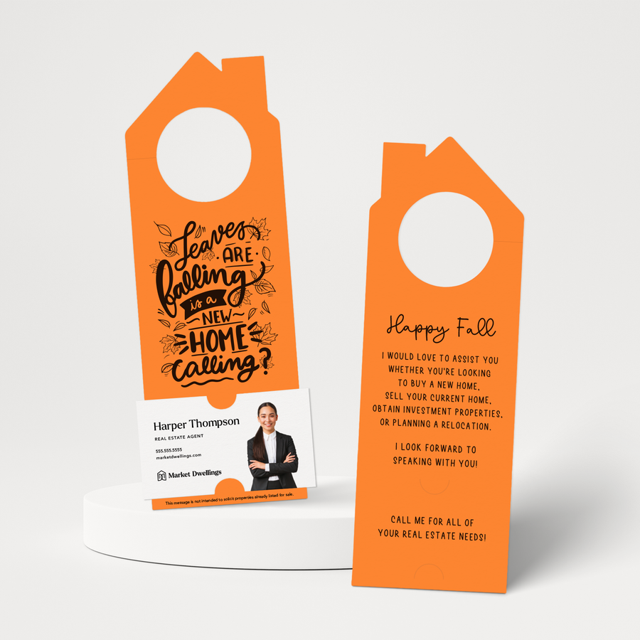 Leaves are Falling is a New Home Calling? | Real Estate Door Hangers | 51-DH002 Door Hanger Market Dwellings CARROT  