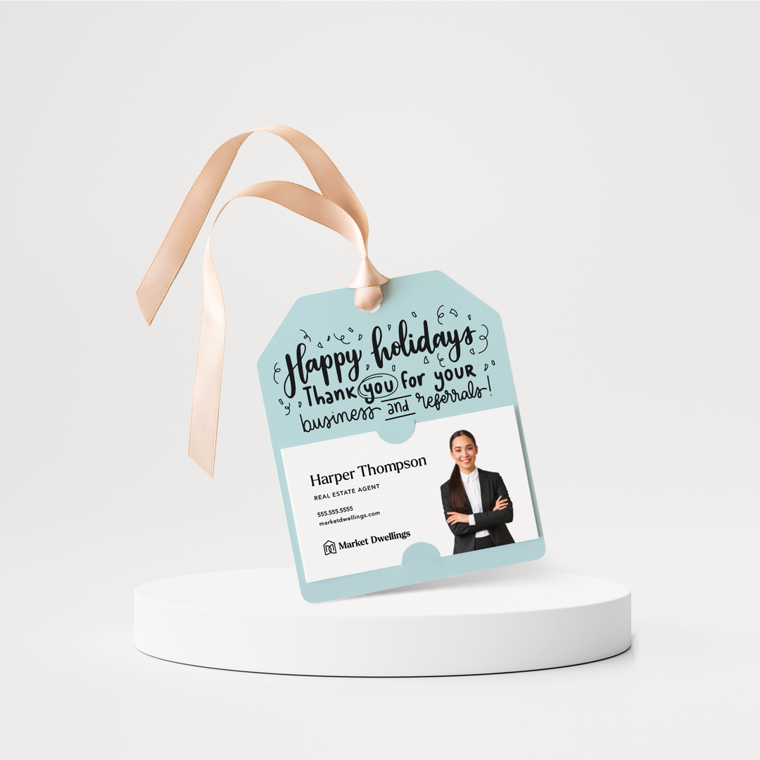 Happy holidays Thank you for your Business and Referrals Gift Tags | Happy Holidays | Pop By Gift Tags | 88-GT001 Gift Tag Market Dwellings LIGHT BLUE  