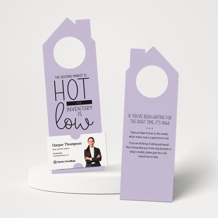 The Housing Market is HOT and Inventory is LOW | Double Sided Real Estate Door Hanger | 23-DH002 Door Hanger Market Dwellings LIGHT PURPLE  