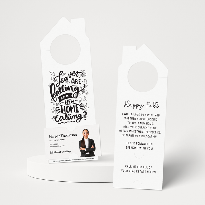 Leaves are Falling is a New Home Calling? | Real Estate Door Hangers | 51-DH002 Door Hanger Market Dwellings WHITE  