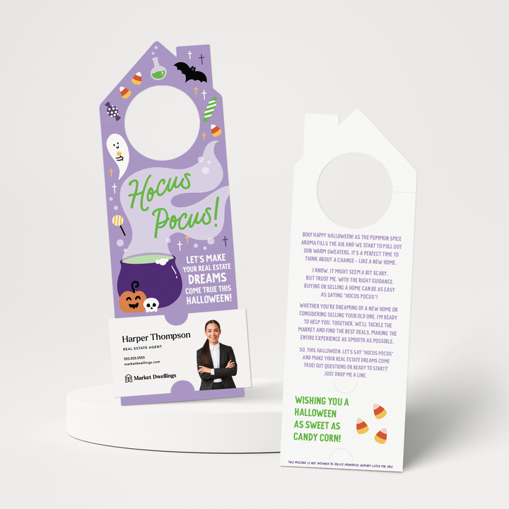 Hocus Pocus! Let's Make Your Real Estate Dreams Come True This Halloween! | Halloween Door Hangers | 302-DH002-AB Door Hanger Market Dwellings PURPLE  