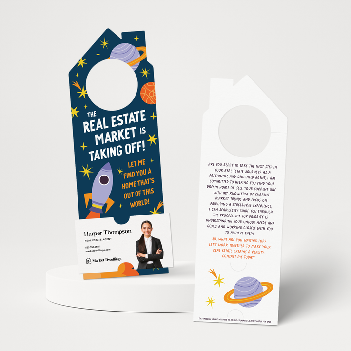 The Real Estate Market Is Taking Off! | Door Hangers | 264-DH002-AB Door Hanger Market Dwellings BLUE  