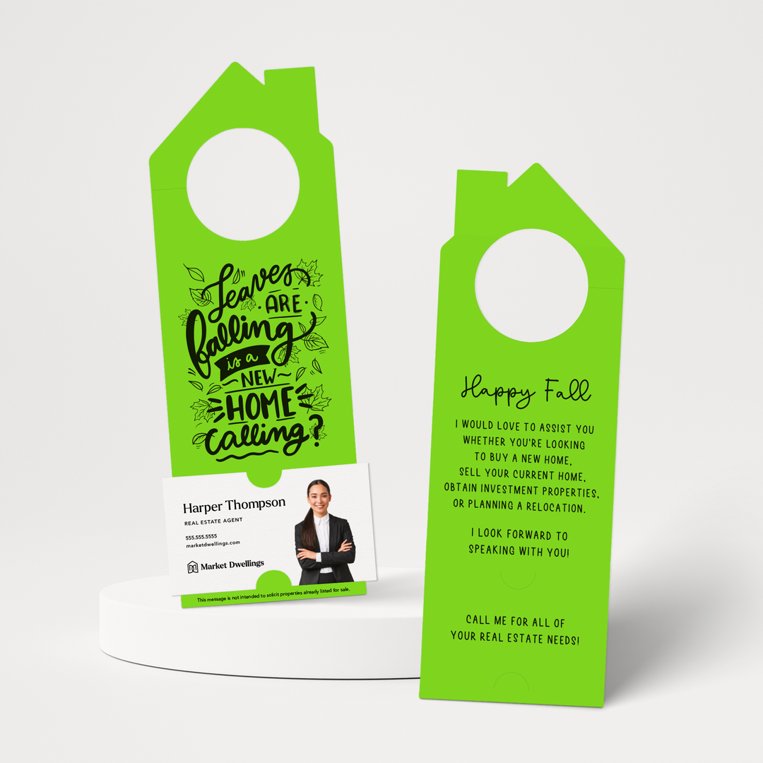 Leaves are Falling is a New Home Calling? | Real Estate Door Hangers | 51-DH002 Door Hanger Market Dwellings GREEN APPLE  