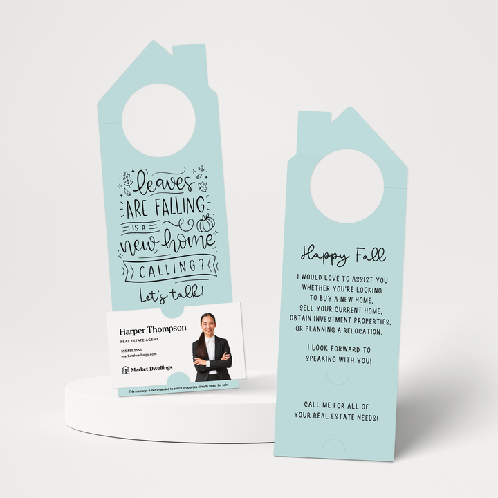 Leaves are Falling is a New Home Calling? | Real Estate Door Hangers | 52-DH002 Door Hanger Market Dwellings LIGHT BLUE  