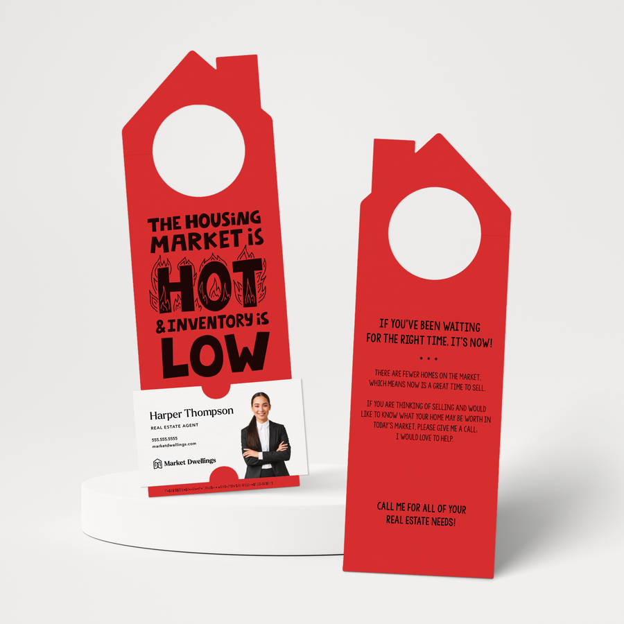 "The Housing Market is HOT and Inventory is LOW" | Double Sided Real Estate Door Hanger | 58-DH002 Door Hanger Market Dwellings SCARLET  