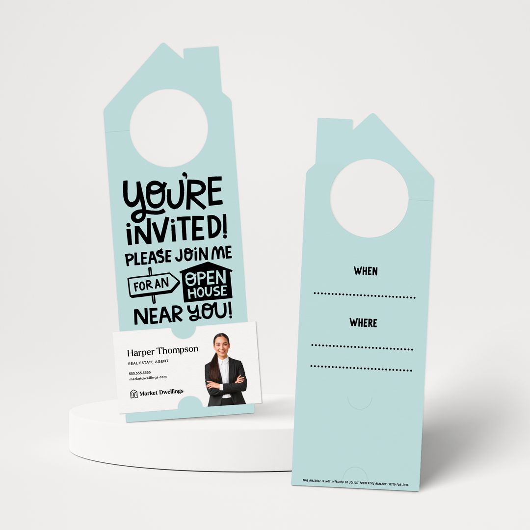 You're Invited! Please Join Me For An Open House Near You! | Door Hangers | 189-DH002 Door Hanger Market Dwellings LIGHT BLUE  