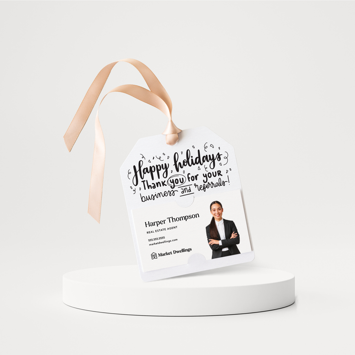 Happy holidays Thank you for your Business and Referrals Gift Tags | Happy Holidays | Pop By Gift Tags | 88-GT001 Gift Tag Market Dwellings WHITE  