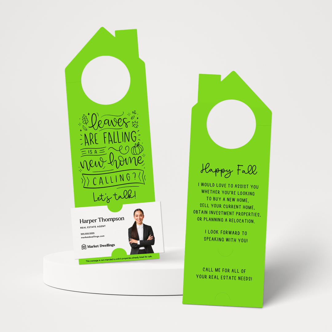 Leaves are Falling is a New Home Calling? | Real Estate Door Hangers | 52-DH002 Door Hanger Market Dwellings GREEN APPLE  