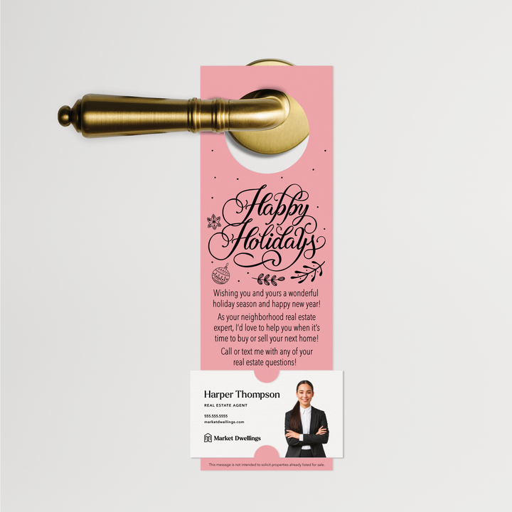 "Happy Holidays" | Real Estate Neighbor Door Hanger | 15-DH001 Door Hanger Market Dwellings LIGHT PINK  