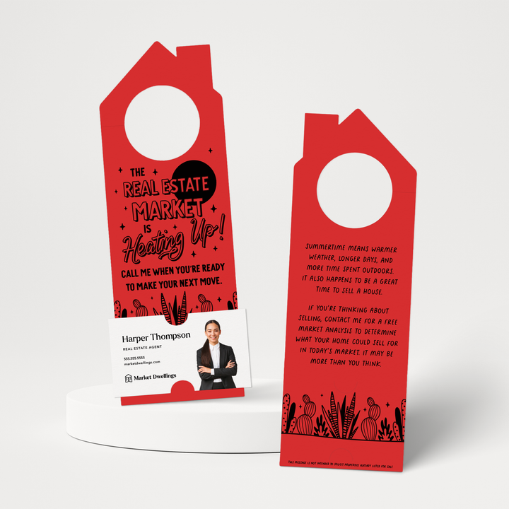 The Real Estate Market Is Heating Up! | Summer Door Hangers | 256-DH002 Door Hanger Market Dwellings SCARLET  