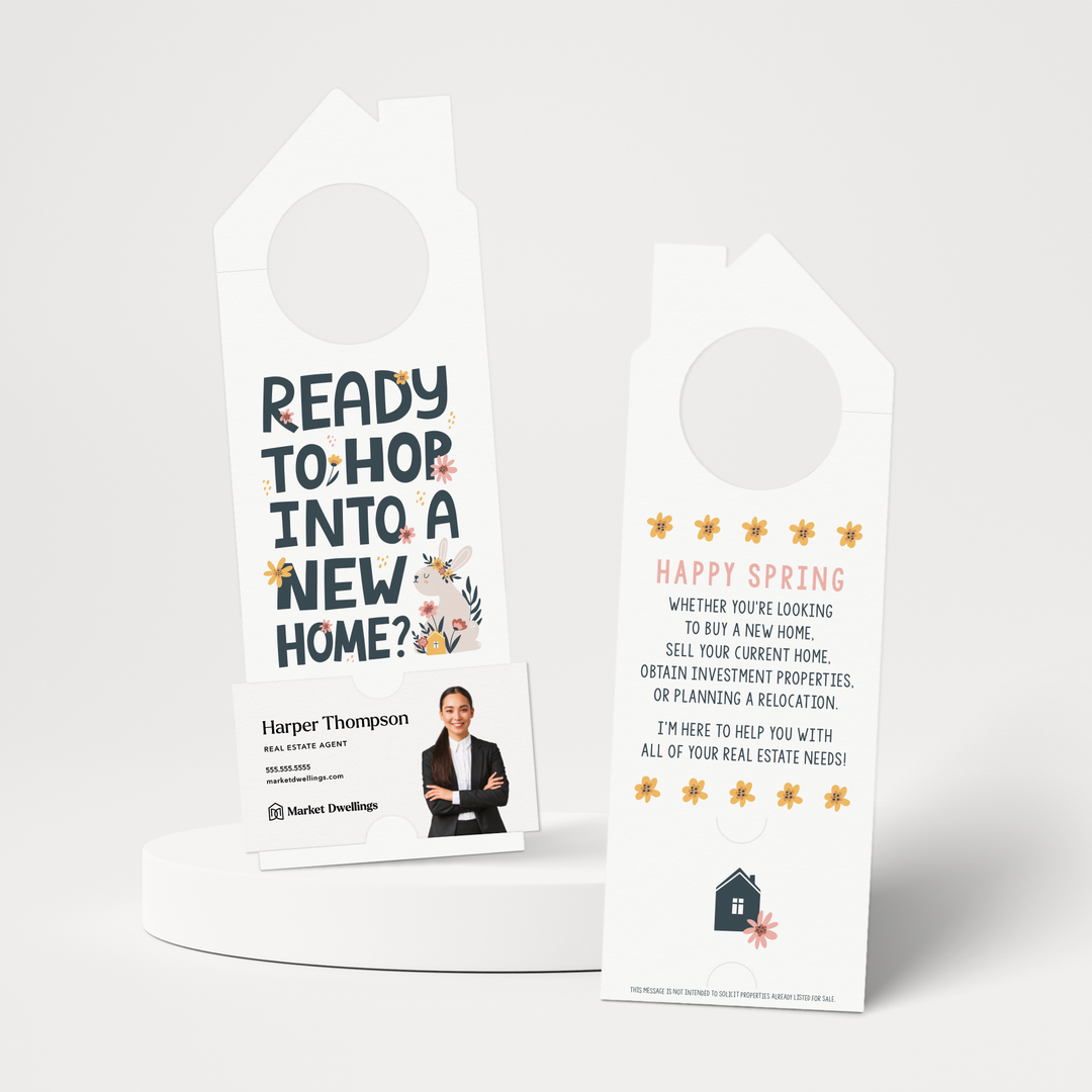 Ready to Hop into a New Home? | Real Estate Spring Door Hangers | S3-DH002 Door Hanger Market Dwellings   