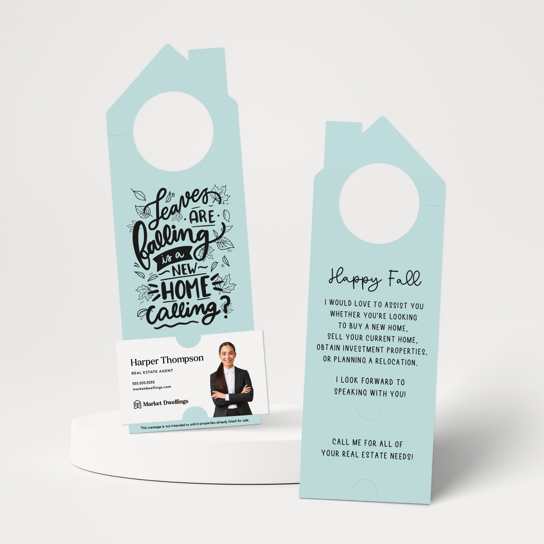 Leaves are Falling is a New Home Calling? | Real Estate Door Hangers | 51-DH002 Door Hanger Market Dwellings LIGHT BLUE  