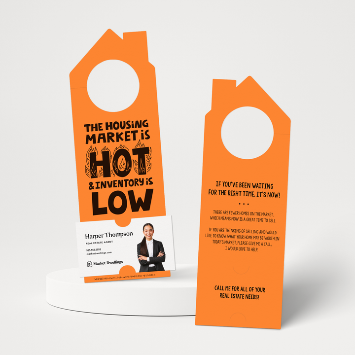 "The Housing Market is HOT and Inventory is LOW" | Double Sided Real Estate Door Hanger | 58-DH002 Door Hanger Market Dwellings CARROT  