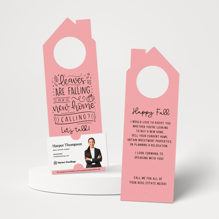 Leaves are Falling is a New Home Calling? | Real Estate Door Hangers | 52-DH002 Door Hanger Market Dwellings LIGHT PINK  