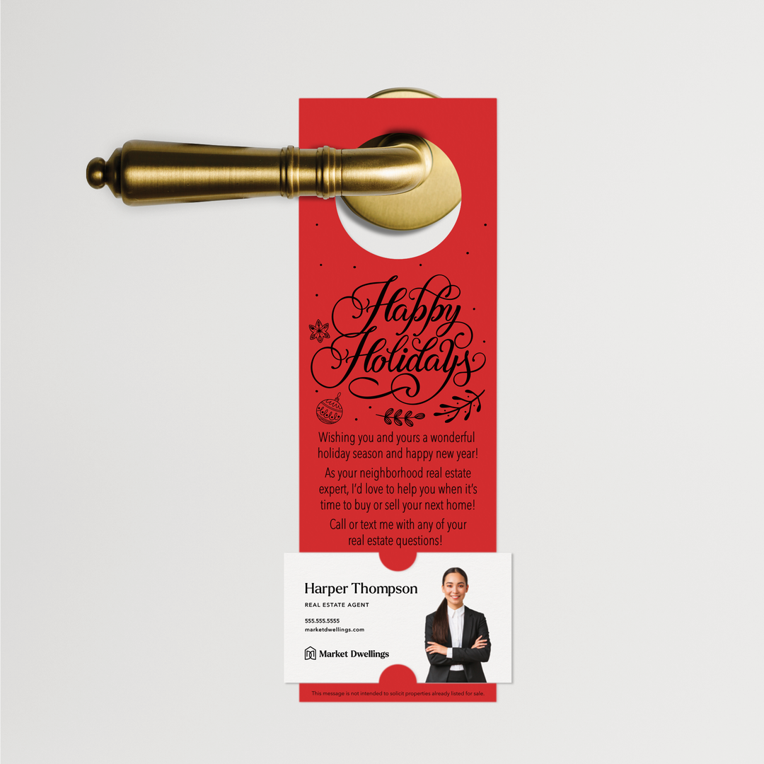 "Happy Holidays" | Real Estate Neighbor Door Hanger | 15-DH001 Door Hanger Market Dwellings SCARLET  