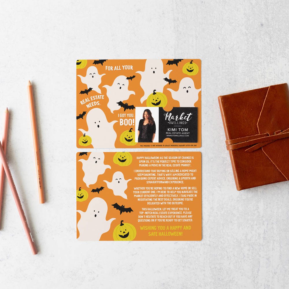 Set of For all your real estate needs, I got you, BOO! | Halloween Mailers | Envelopes Included | M143-M003-AB Mailer Market Dwellings ORANGE  