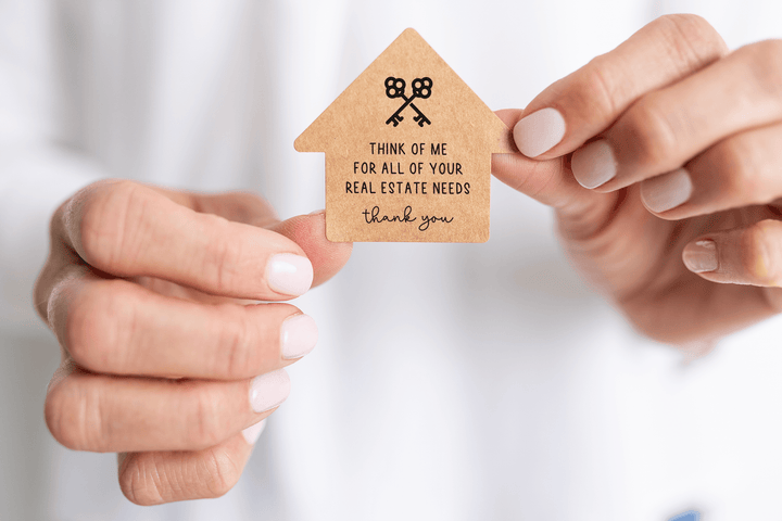 Think of Me For All of Your Real Estate Needs | House Shaped Label Stickers | 1-LB1 - Market Dwellings