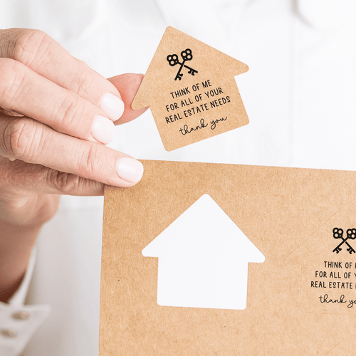 Think of Me For All of Your Real Estate Needs | Real Estate House-Shaped Stickers Stickers Market Dwellings