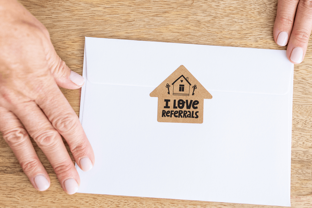 I Love Referrals | House Shaped Label Stickers | 2-LB1 Stickers Market Dwellings   