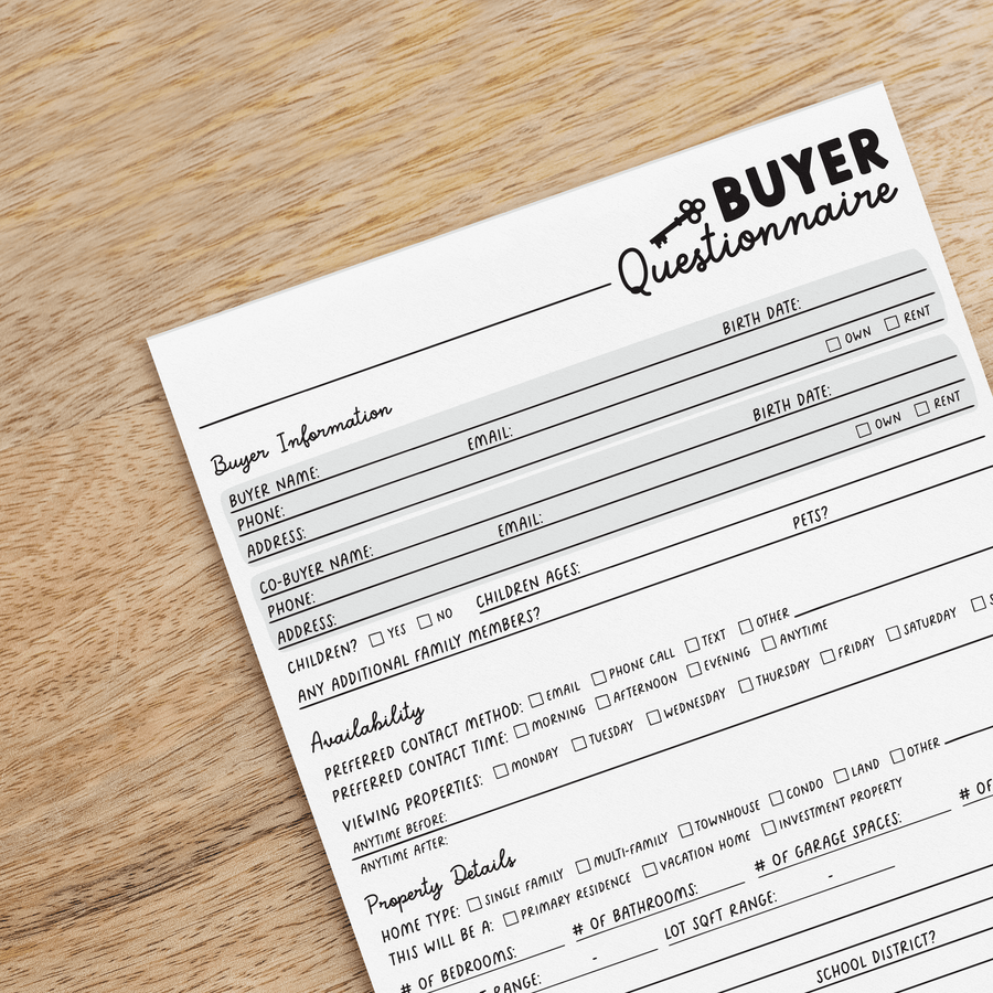 Customizable Homebuyer Questionnaire Notepad | 8.5 x 11in | 50 Tear-Off Sheets | 2-NP - Market Dwellings